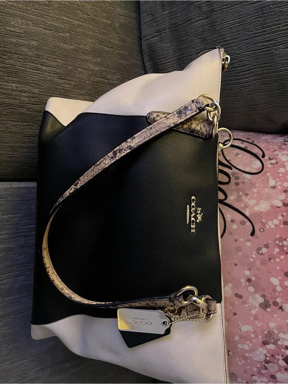 Coach Two-Tone Black and White Shoulder Tote with Gold Hardware